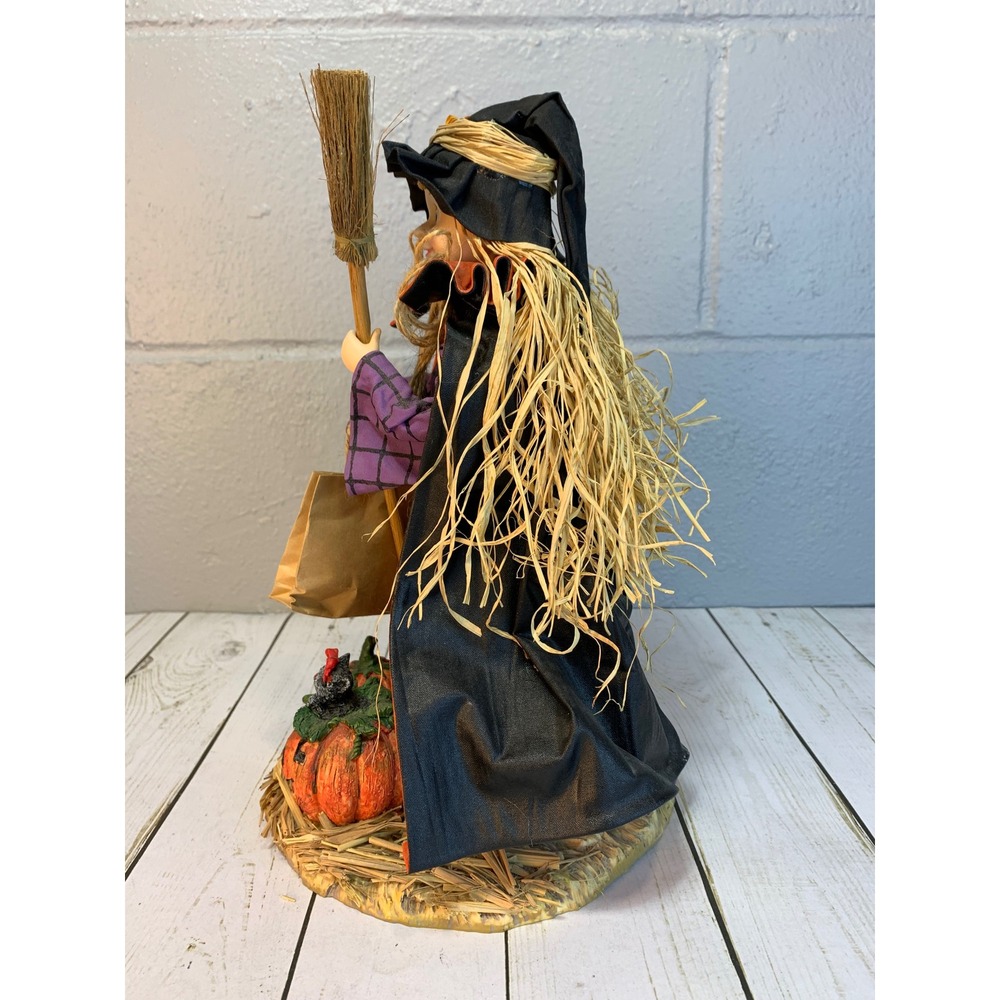 Vintage Halloween Witch Figurine with Broom, Pumpkins, & Spider Bag Decor - Picture 2 of 6